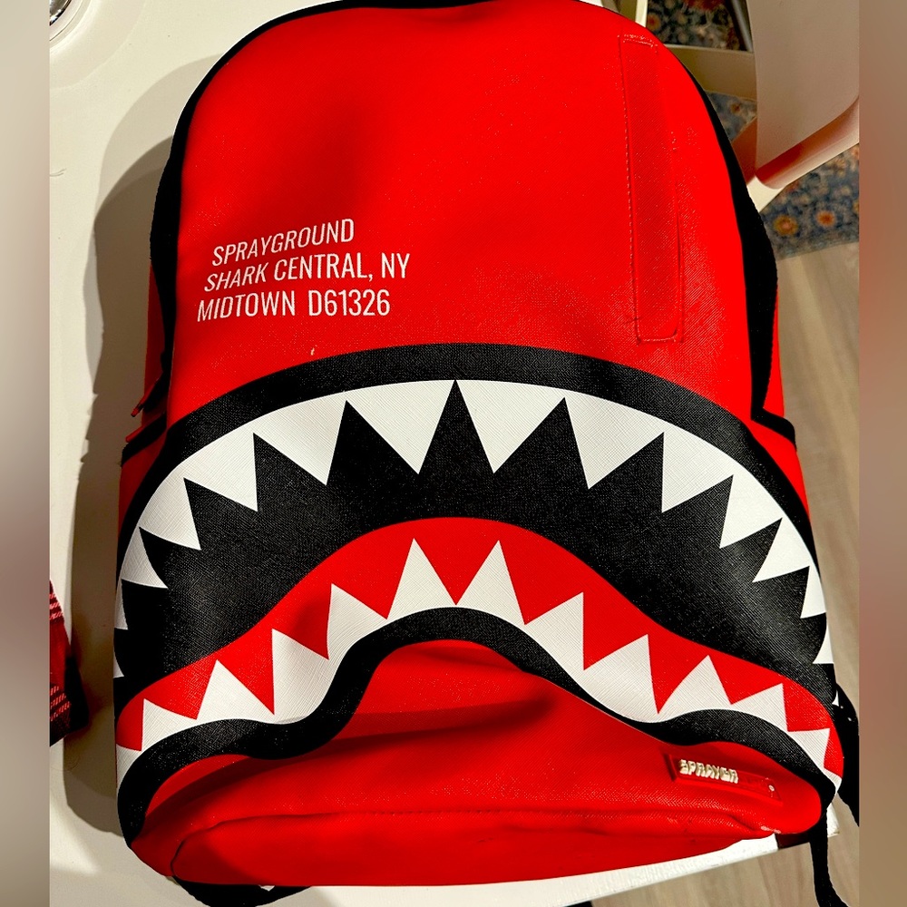 Sprayground Limited Addition Lux Vegan Leather Backpack Red with Shark mouth